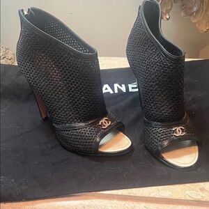 CHANEL Black Mesh Peep-Toe Heeled Boots